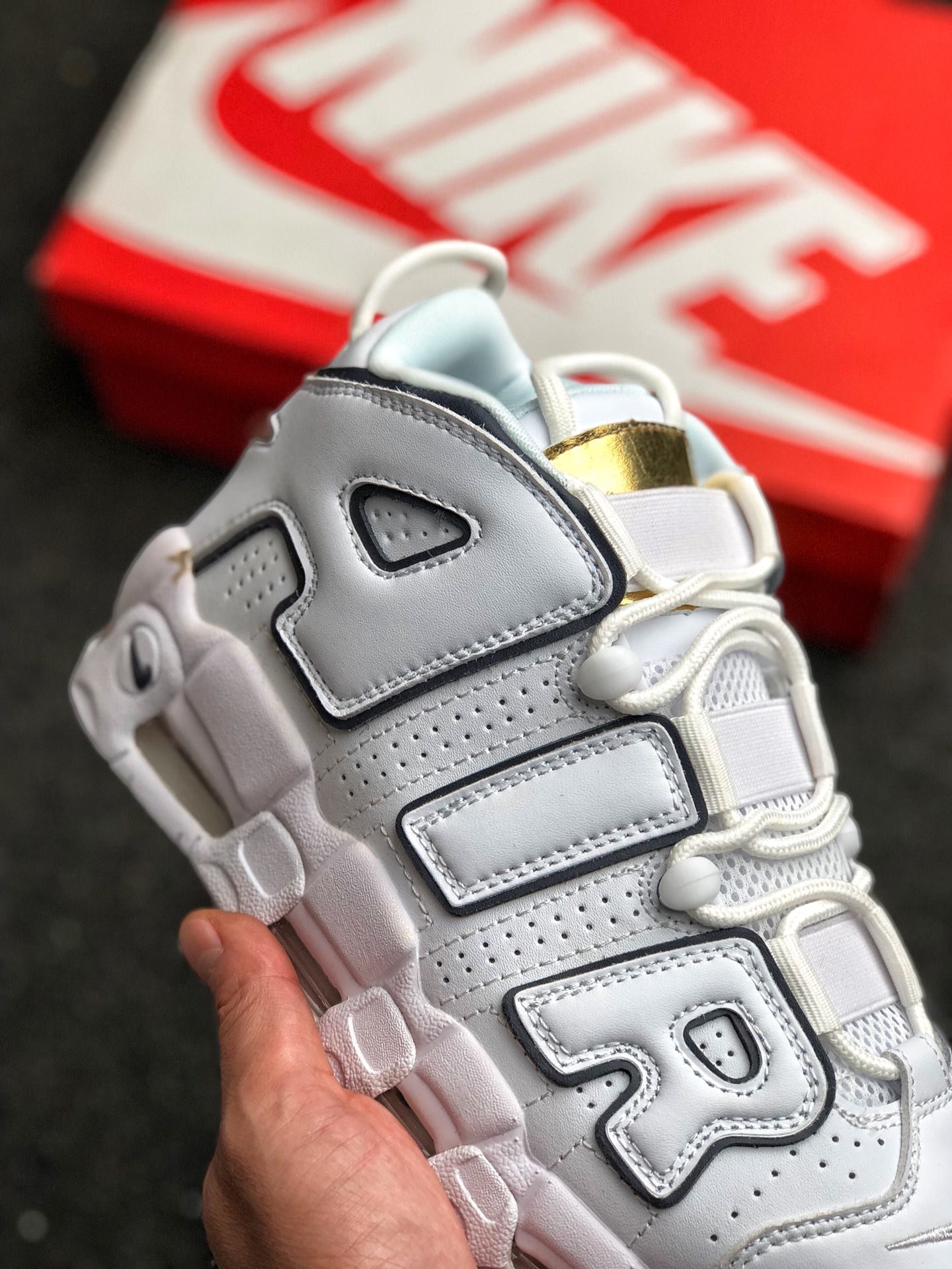 Nike Air More Uptempo Red White/Midnight Navy-Metallic Gold For Sale ...