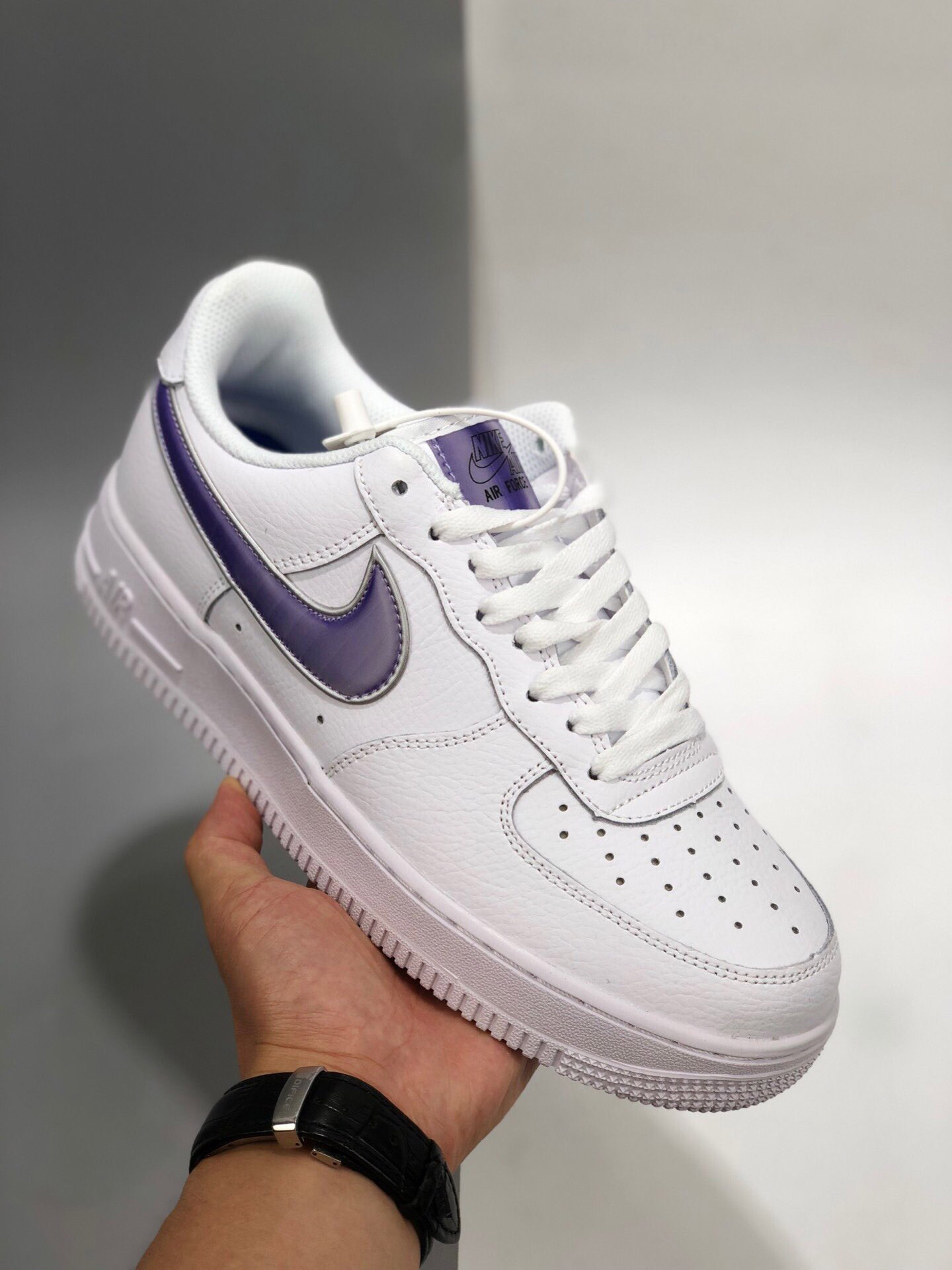white and purple air force ones